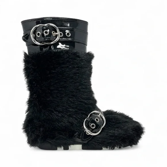 Miu Miu Faux Fur Furry Flat Tall Shearling Winter Boots Shoes Black Buckle 39 9 - Picture 3 of 11